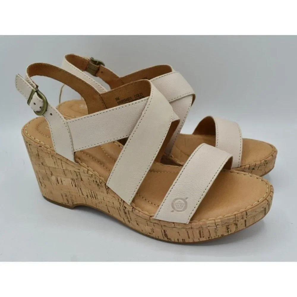 Born Womens Size 11 Lanai White Bone Full Grain Leather Wedge‎ Sandals Shoes